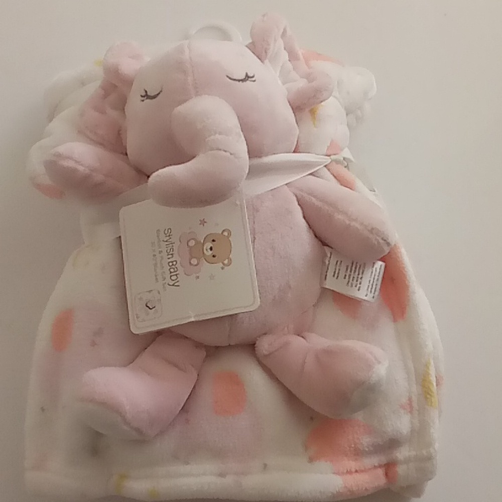 NEW Stylish Baby 2 Piece Lovey  Elephant Plush & Blanket Pink-White Colors